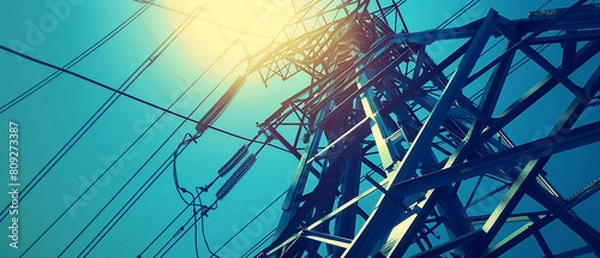 Fototapeta A view from below of an electrical tower with wires