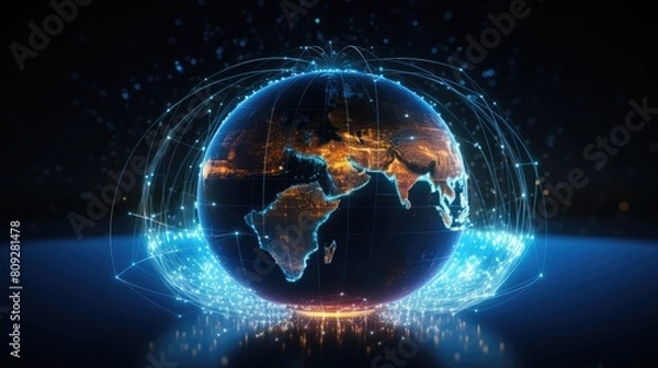 Obraz Global internet traffic visualized on a detailed, floating globe with interactive data points. Big data visualization