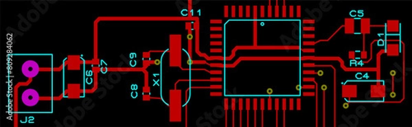 Fototapeta Vector printed circuit board of electronic 
device with components of radio elements, 
conductors and contact pads placed on it. 
Engineering drawing of pcb design.