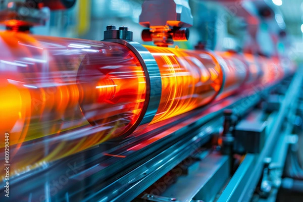 Fototapeta Plastic extrusion process in a high-tech industrial setting, with vivid colors and dynamic motion. AI generated.
