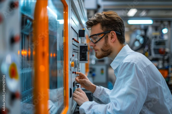 Fototapeta Worker overseeing the injection molding of plastics at a modern manufacturing plant. AI generated.
