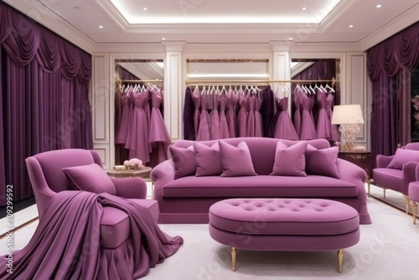 Fototapeta Luxurious mauve boutique interior design with sofa, armchair, clothing rack, and plush purple carpet. Modern style with clean lines and simple furniture. Mauve color creates a warm, inviting atmospher