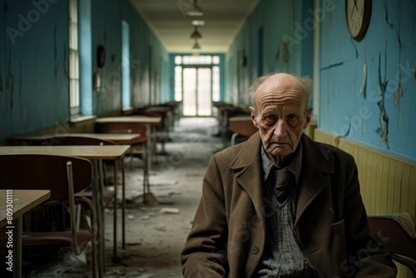 Fototapeta Poignant portrait of an elderly man seated in a dilapidated and deserted classroom setting
