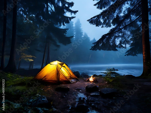 Obraz rain on the tent in the forest