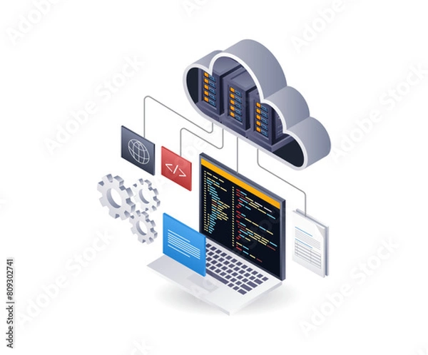 Obraz Technology cloud server programming language, isometric flat 3d illustration infographic