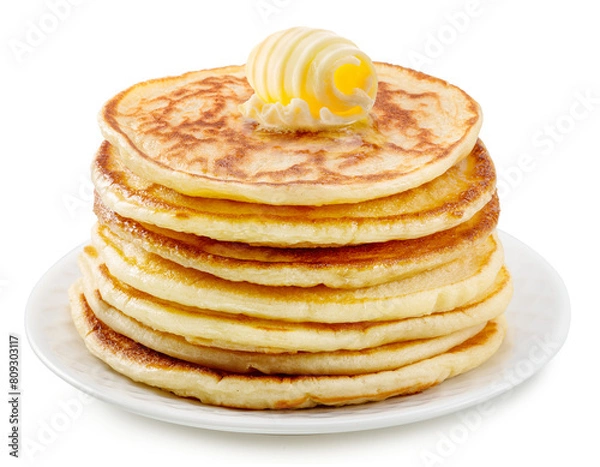 Fototapeta Stack of pancakes with butter swirl on top on white plate. PNG transparent background.