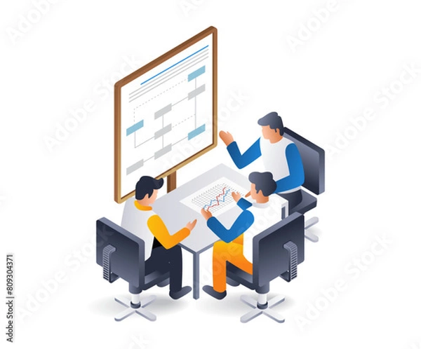 Fototapeta Team discussion about the development of business ideas, infographic illustration 3d flat isometric