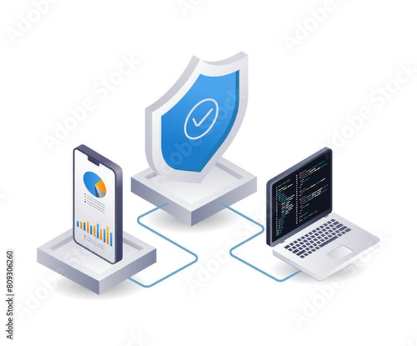 Fototapeta Security cloud server data analyst, infographic 3d illustration flat isometric