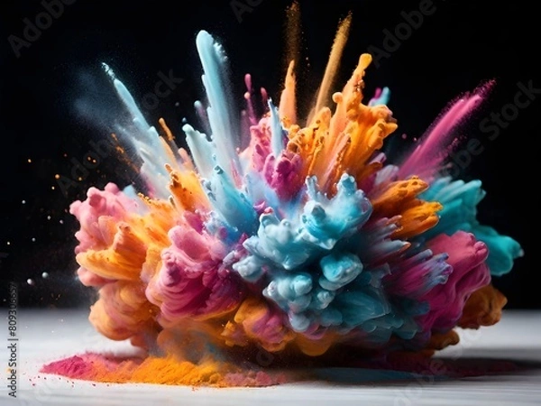 Fototapeta close-up of an explosion of colored powder just moments after ignition. The powder forms a dense cloud with a rainbow spectrum of colors, blending and swirling together.