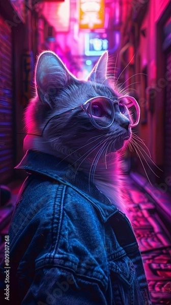 Fototapeta A cat with glasses, jean jacket, neon colored lights.