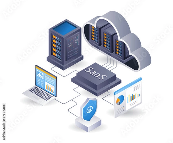 Obraz SaaS cloud server technology system process, flat isometric 3d illustration infographic