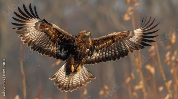 Fototapeta Majestic flight of a Golden Eagle with wings fully spread amidst an autumnal forest backdrop