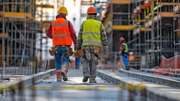 Fototapeta Construction workers in high visibility jackets walk on a temporary walkway with scaffold structures all around them