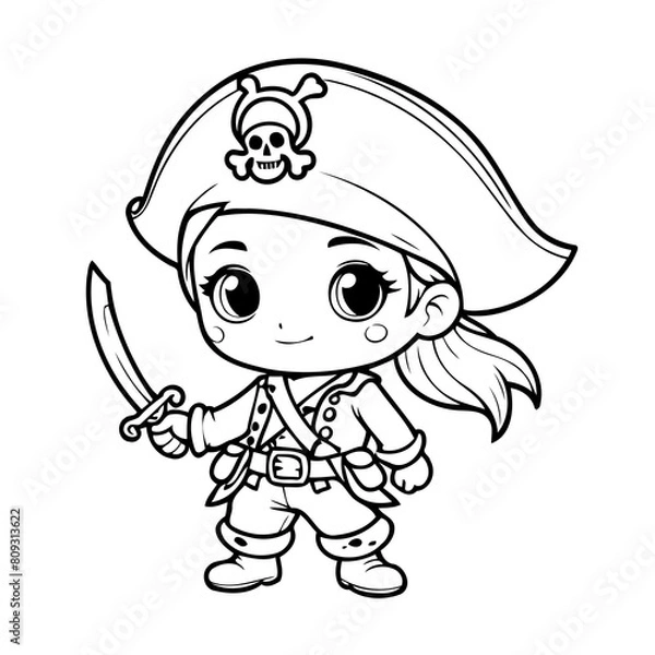 Obraz Vector illustration of a cute Pirate drawing for kids colouring page