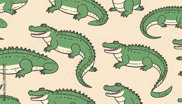 Fototapeta Seamless pattern with cute crocodile on light background. Flat style vector illustrations can be used for packaging paper, fabric, textile, wrapping paper, fabric, textile, etc.
