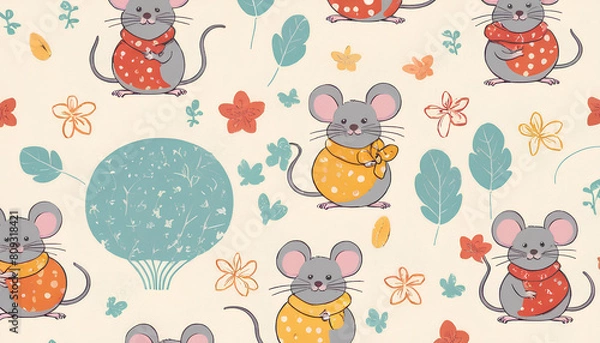 Fototapeta Seamless pattern with nice mouse on light background. Flat style vector illustrations can be used for packaging paper, fabric, textile, wrapping paper, fabric, textile, etc.
