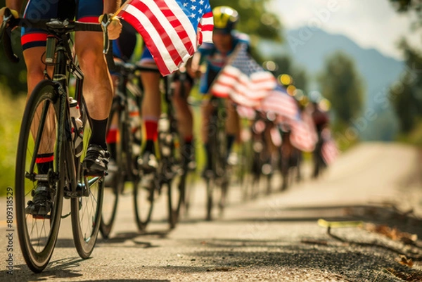 Fototapeta Group of People Riding Bikes Down a Road. Generative AI