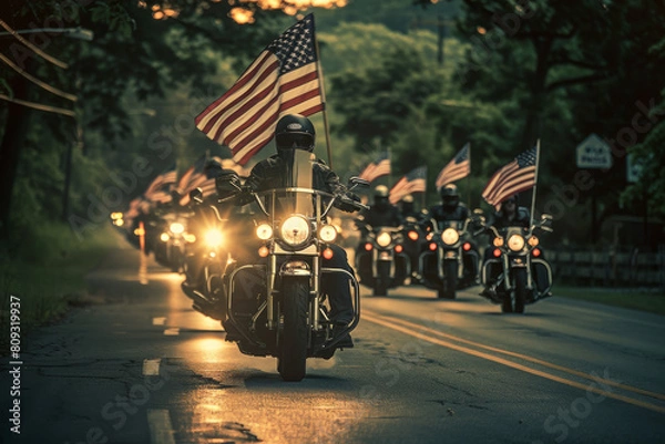 Fototapeta Group of Motorcycles Riding With American Flags. Generative AI