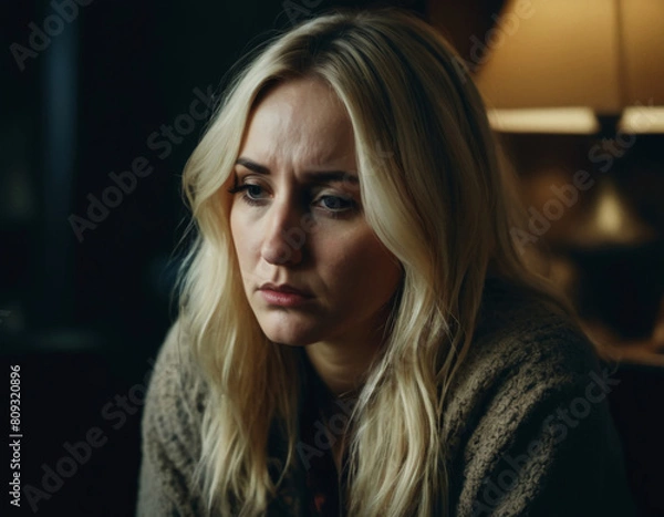 Obraz portrait of a concerned, worried looking caucasian blonde woman