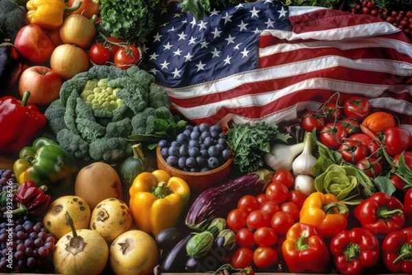 Fototapeta Abundant Fruits and Vegetables With American Flag Background. Generative AI