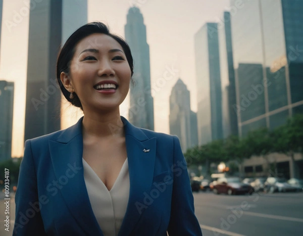 Obraz portrait of a successful rich asian businesswoman in front of skyscrapers 