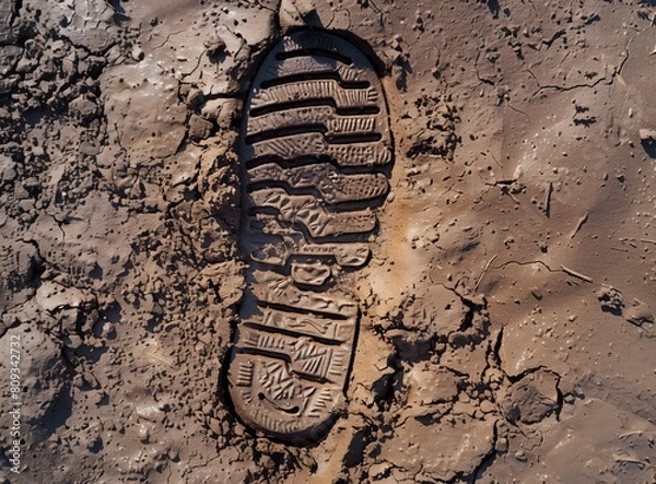 Fototapeta Shoe print imprint in wet mud