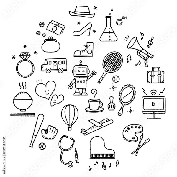 Fototapeta 手描きのかわいいアイコンセット（モノクロ）