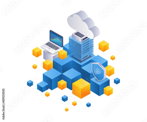 Obraz Blockchain analysis cloud server technology flat isometric illustration