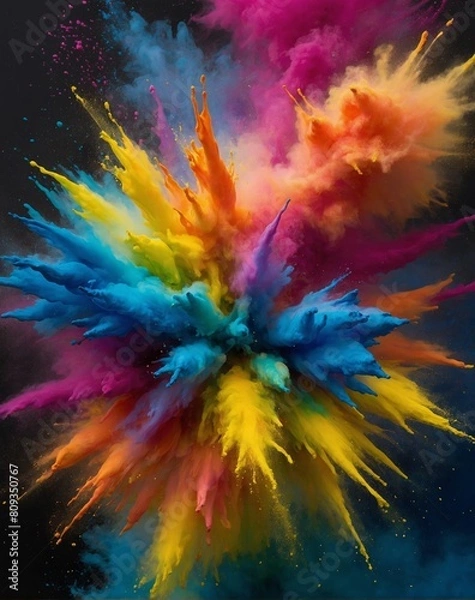 Fototapeta Vibrant colorful exploding powder multi-colored rainbow blast freeze frame dust cloud neon colors