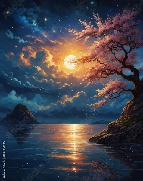 Fototapeta Amazing nighttime scene with small island on an ocean a cherry blossom tree growing on an island glowing sun orb surrounded by a cloudy night sky
