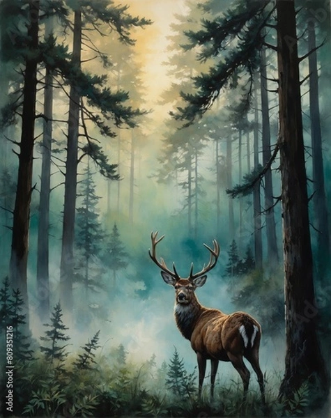 Fototapeta A majestic deer standing amidst a misty forest landscape surrounded by tall trees and an eerie fog