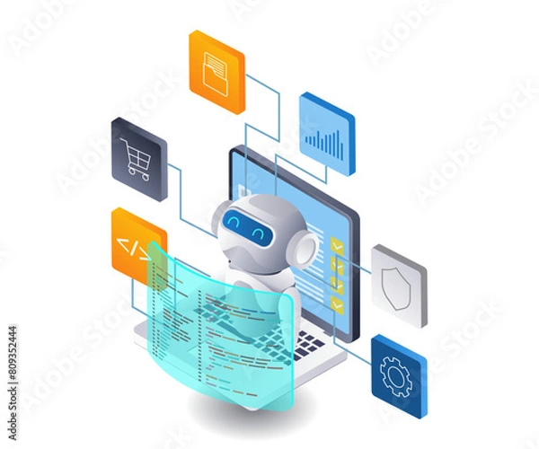 Obraz AI robot helps computer work technology infographic illustration 3d flat isometric