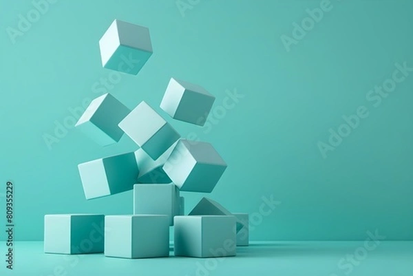 Fototapeta A pile of blue cubes is falling apart. Concept of chaos and disarray