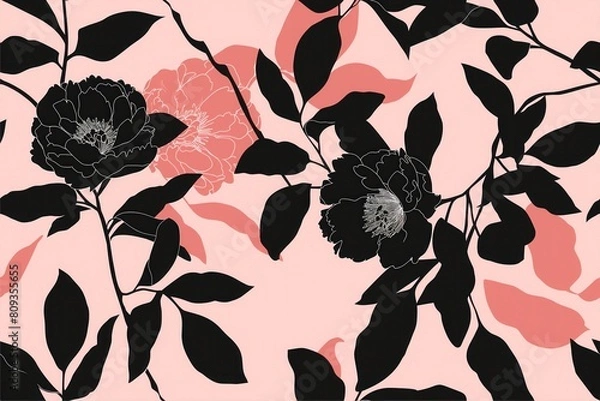 Fototapeta Artistic rendering of blooming flowers in a minimal color palette, great for use in digital backgrounds and print, floral design in the style of simple shapes, seamless pattern