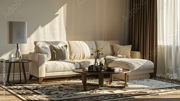 Fototapeta Beautiful interior of light living room with comfortable sofa, table, carpet and lamp