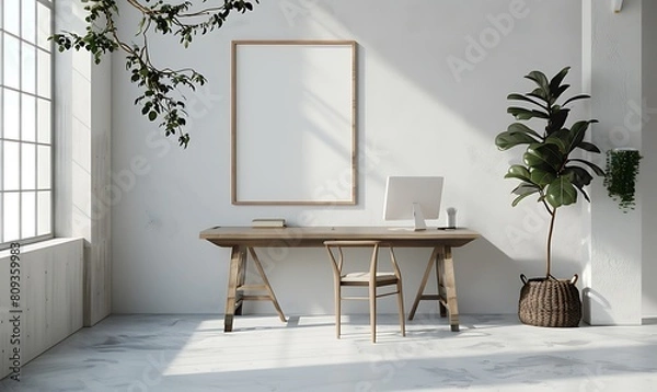 Fototapeta mockup frame in a light, airy office space. Clean, minimalist design with a focus on simplicity and detail