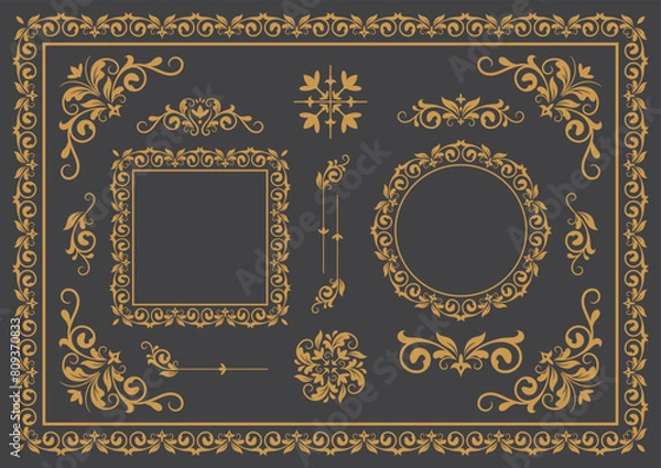 Obraz Set Of Golden Vintage ornament with border, frame, crown, corner, mandala and luxury elements, suitable for vintage design or wedding invitation card