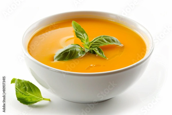 Fototapeta a bowl of soup with a leaf on top