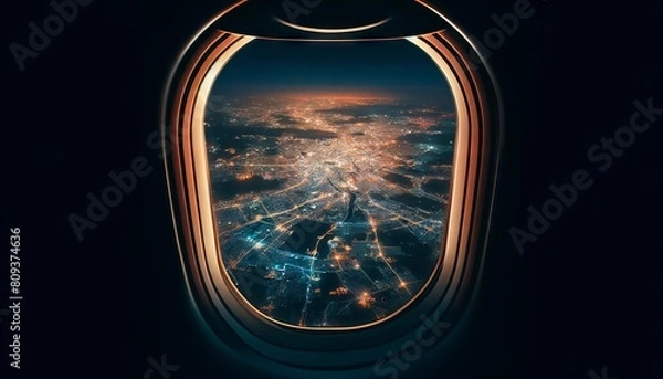 Fototapeta A view from a plane window overlooking a sprawling city lit up at night, with the lights forming a glittering pattern below.