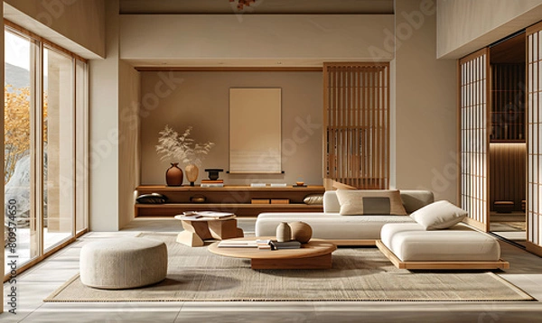Fototapeta Embrace the warmth of natural materials and sleek design in your Japandi-inspired living space
