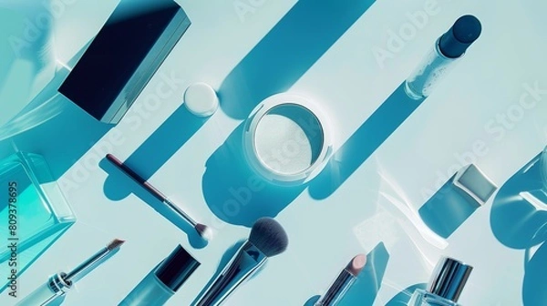Fototapeta Elegant editorial shot of cosmetics laid out on a white and cyan gradient background, presenting a polished and fashionable aesthetic