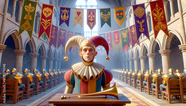 Fototapeta A lively depiction of a court jester performing in a grand castle, bringing joy and laughter with colorful attire, playful antics, and a vibrant presence.