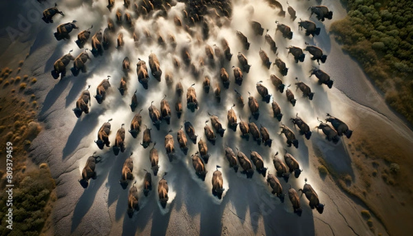 Fototapeta An exhilarating aerial captures a buffalo stampede, showcasing the raw power and unity of the herd as they move across the landscape, creating a dynamic and awe-inspiring spectacle.