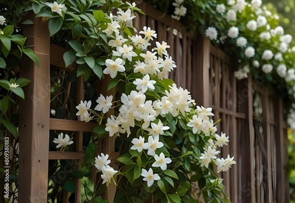 Fototapeta Clusters of fragrant jasmine adorning a garden trellis, generative AI