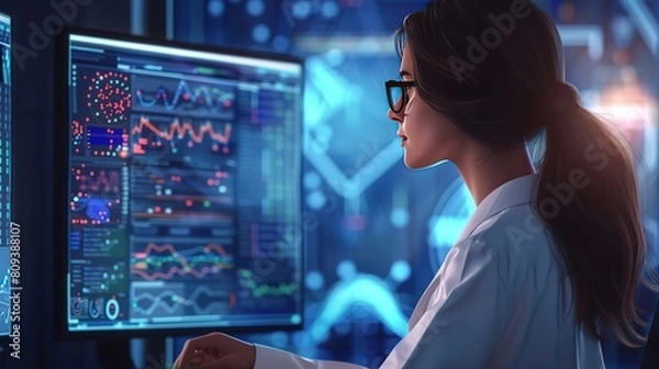 Fototapeta Magnificent A female data scientist developing a machine learning model using, Her screen is filled