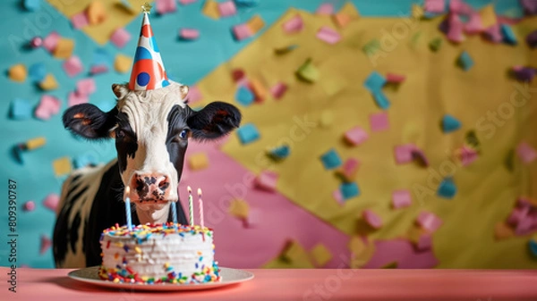 Obraz Photo of cow wearing a birthday hat in front of a birthday cake isolated on colorful background
