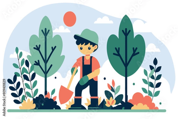 Obraz A boy plants trees in a lush, green setting