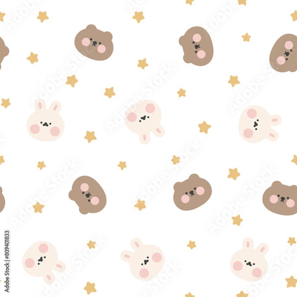 Obraz Cute hand drawn teddy bears and rabbits seamless pattern with golden stars, neutral kids background
