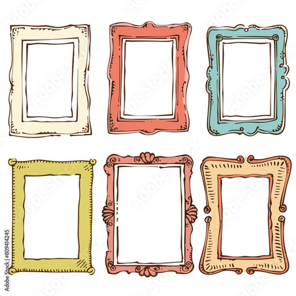 Fototapeta Handdrawn picture frames colorful detailed artwork. Six empty frames various shapes colors, ornamental classic design. Collection different rectangular frames, artistic doodle style