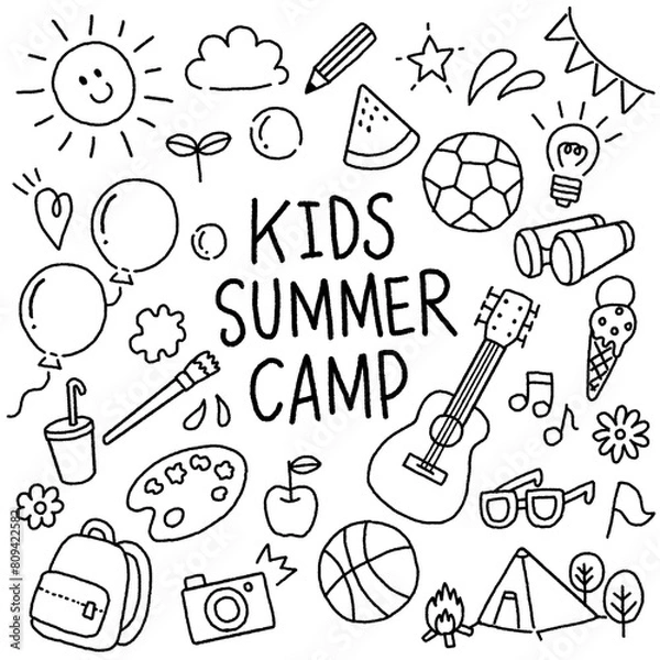 Fototapeta サマーキャンプの手書きイラスト　アイコンセット　モノクロ